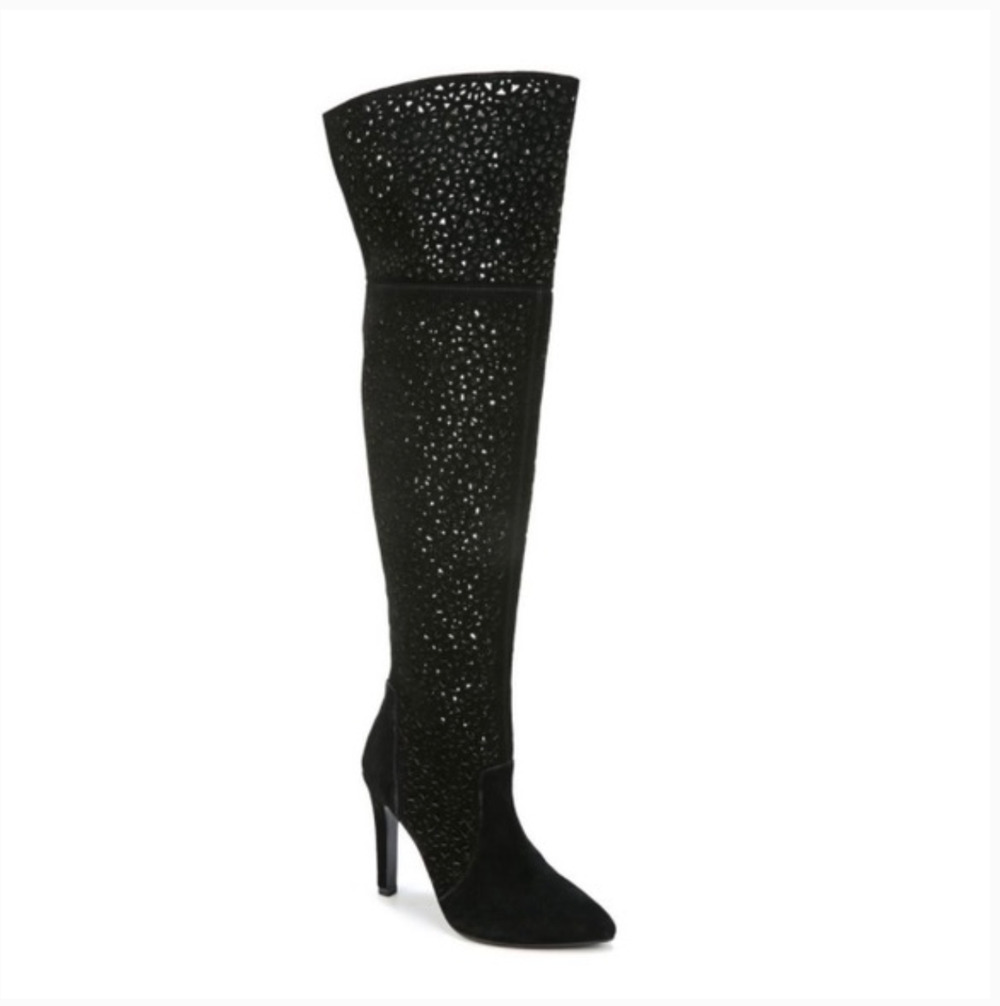 Fergie Destiny Suede Over The Knee Boots 8 Black NWOT Tall Heel Glam OTK
